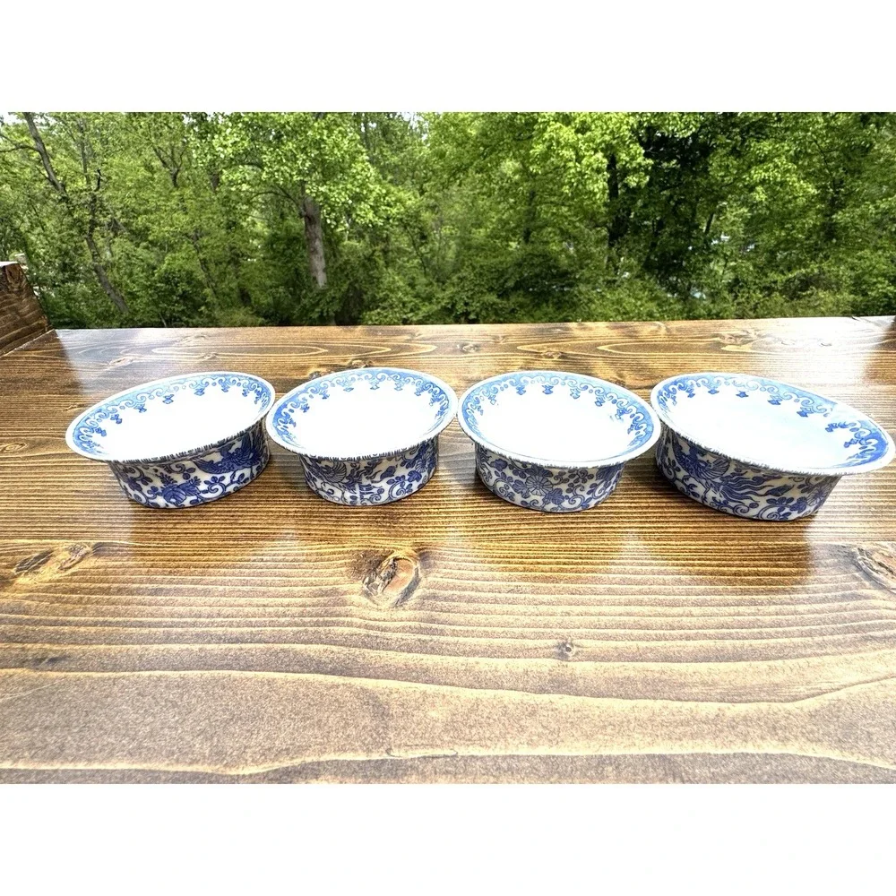 Blue White Porcelain Ramekins Set 4 Floral Bird‎ Chinoiserie Sauce Bowls